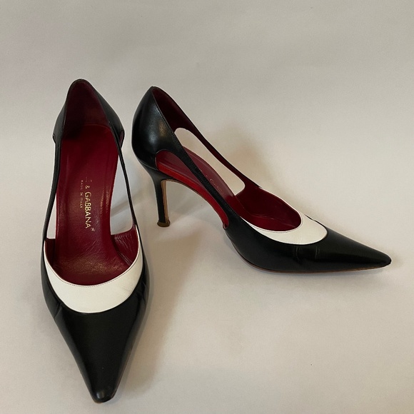 Dolce & Gabbana Shoes - Dolce & Gabbana Black + White Leather Pointed Pumps, Size 36.5 Heels (US 6 )